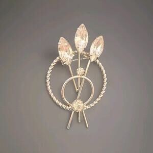 Vintage Rhinestone Silver Tone Brooch Marquis & Round Cut Flowers Stalks Rare